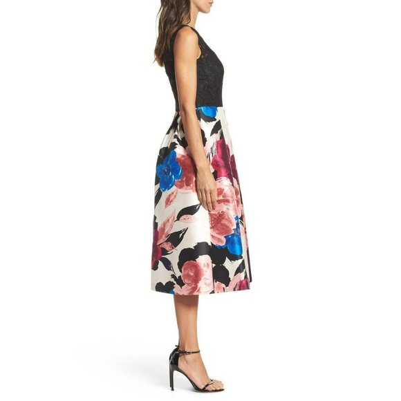 Ellen Tracy Arcadia Print Black Lace Pink Blue Floral Fit and Flare Midi Dress - Picture 2 of 13